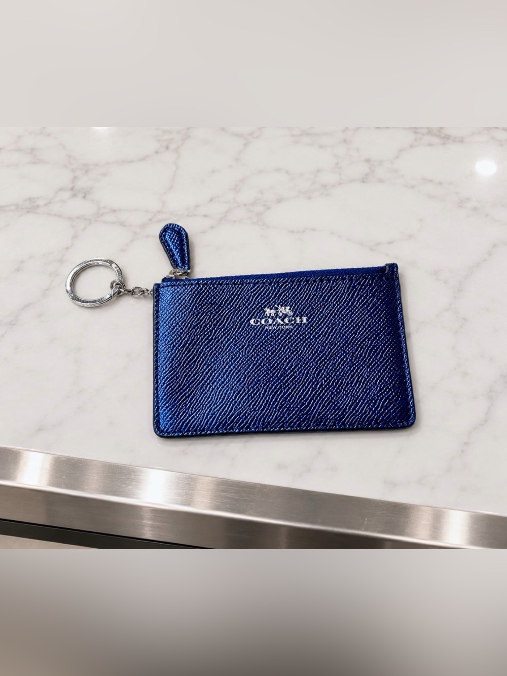 Coach Credit Card Wallet Change Purse Keychain Metallic Blue Leather NWOT